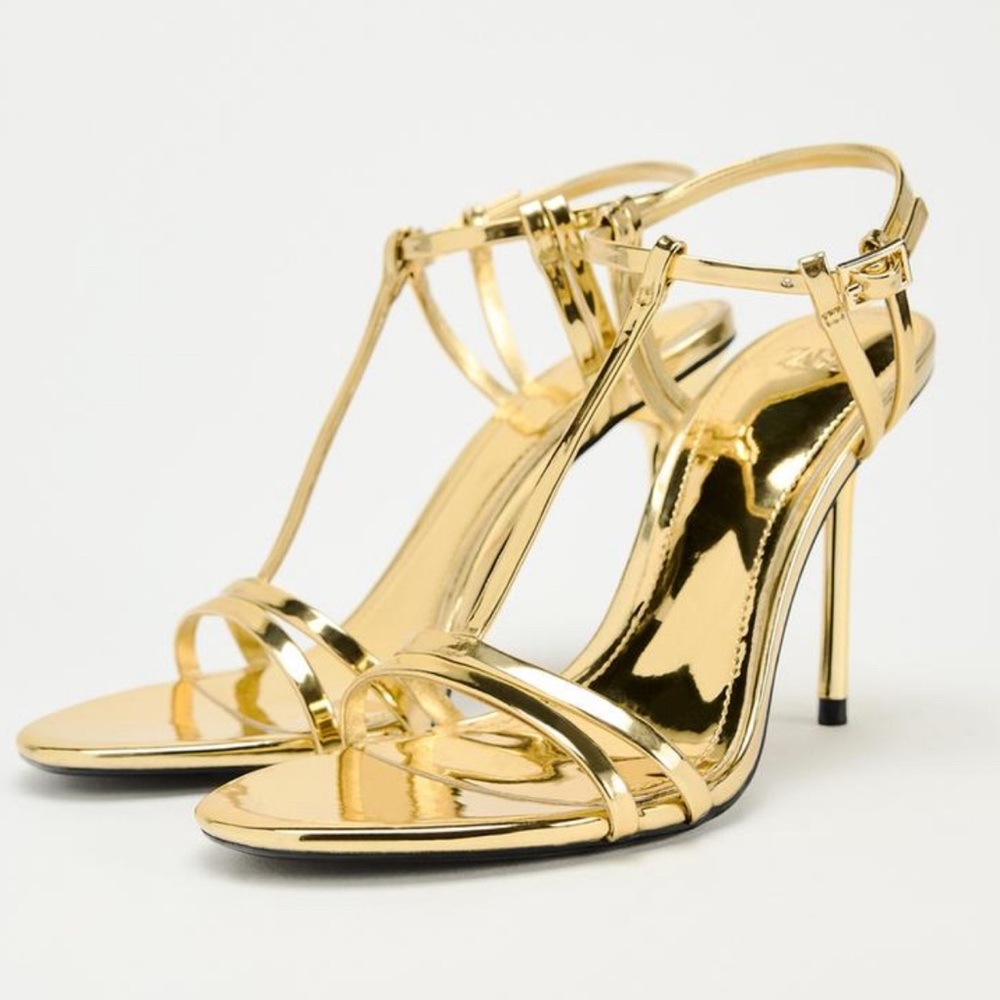 WORN ONCE: ZARA ANKLE STRAP STILETTO GOLD METALLIC SANDALS SIZE 9.5